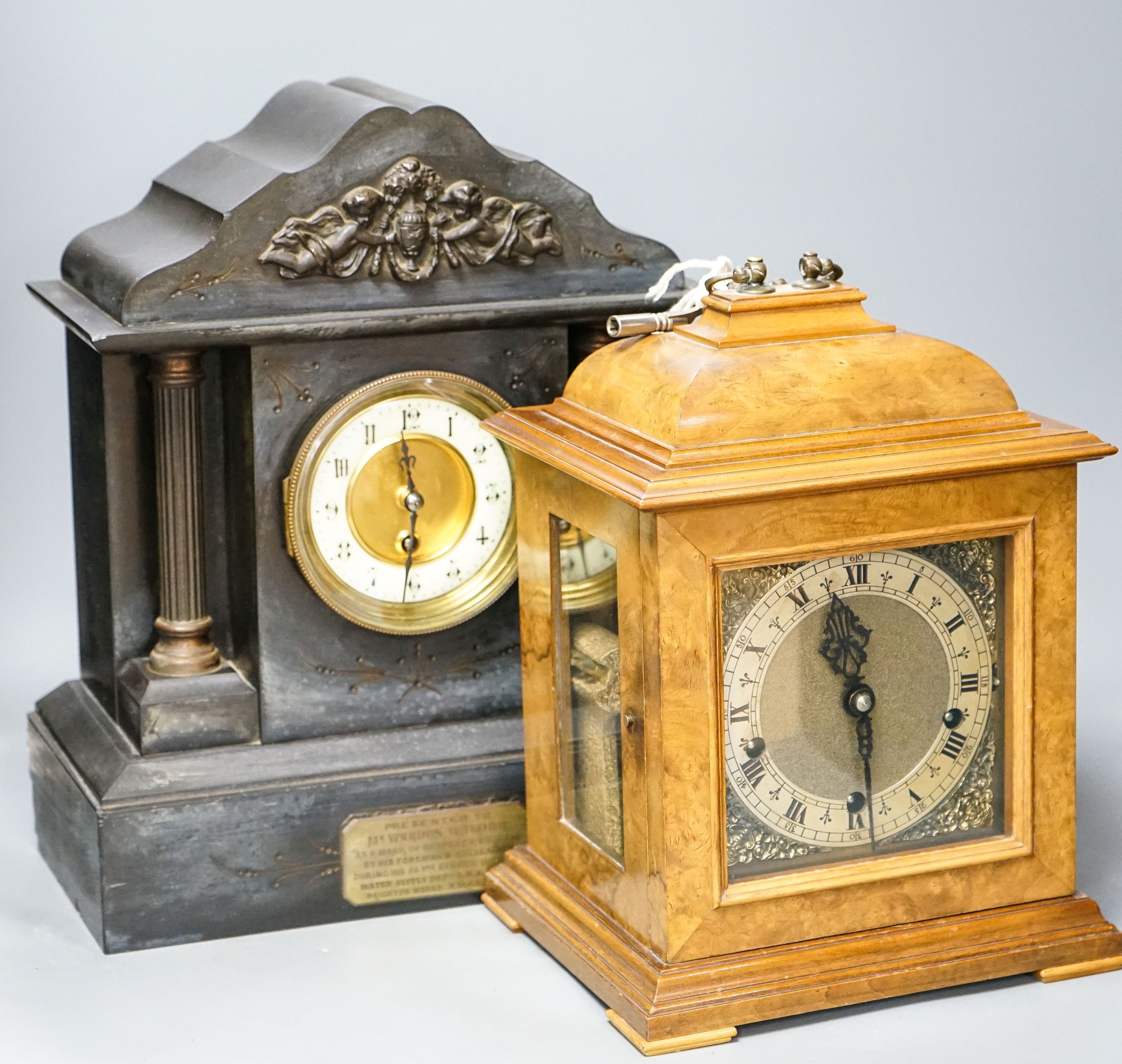 A walnut cased chiming bracket clock together with a slate mantle clock 37cm